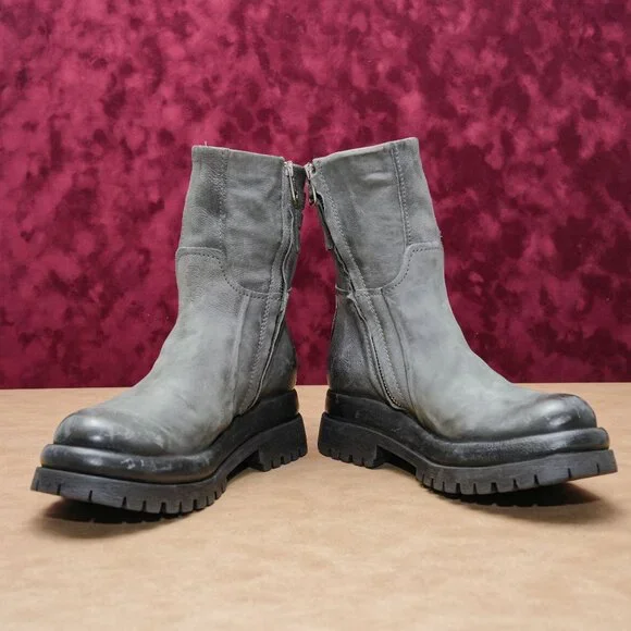 AS98 Women Darr Grey Leather Strap Zip Platform Combat Boots sz 6-6.5US EUR37